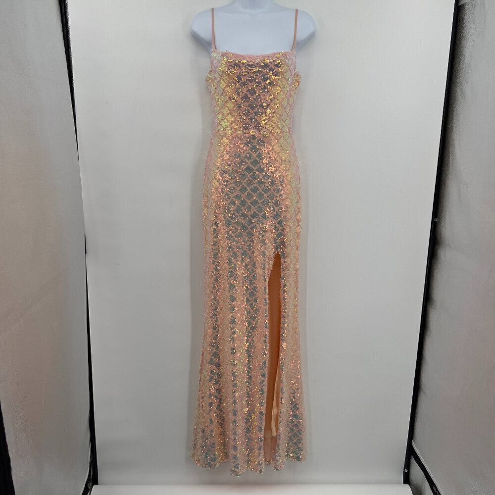 City Triangles Women's 7 Cocktail Lined Split Thigh Backless Sequins Maxi Dress